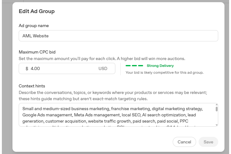 OpenAI Ads Manager Beta ad group setup showing CPC bid and contextual targeting configuration